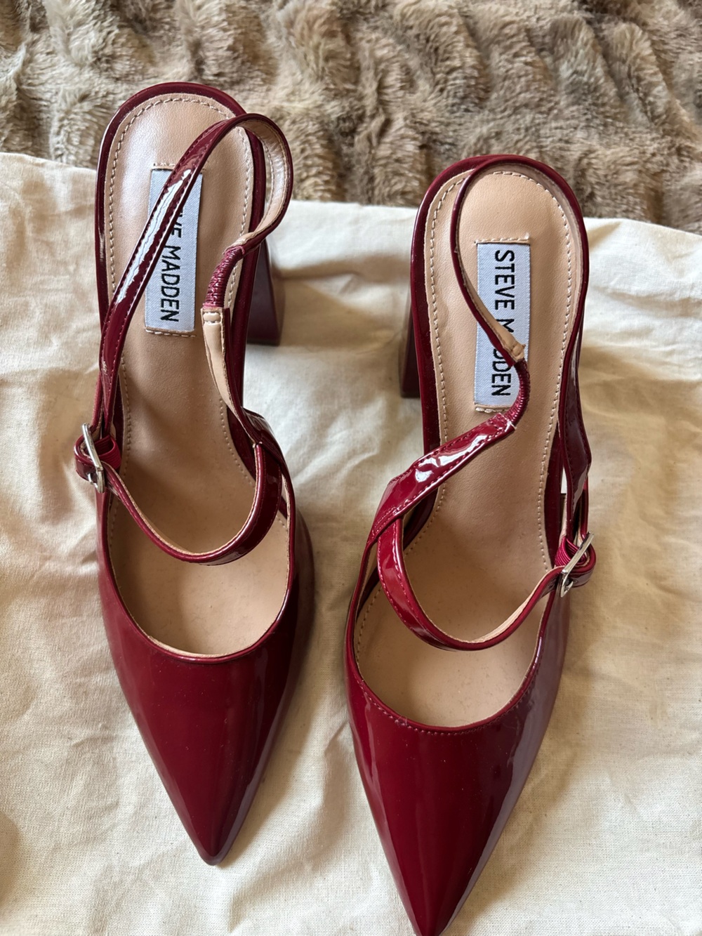 Steve Madden Burgundy Patent Pointed Toe Slingback Heels